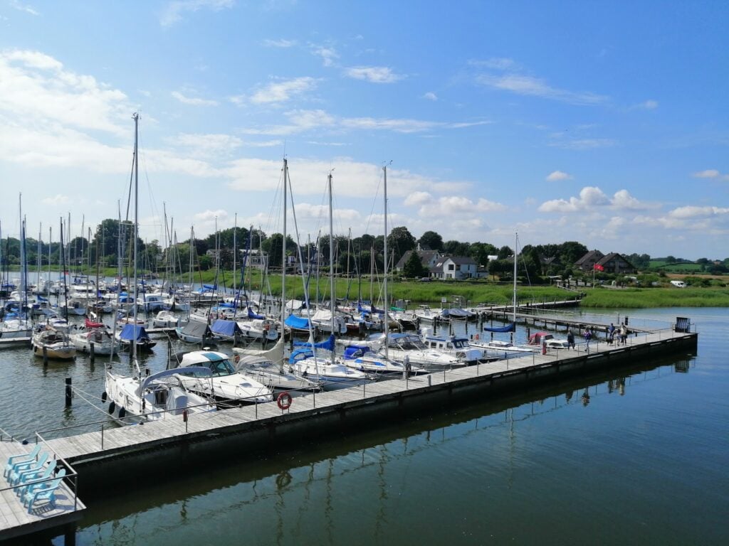 Jachthafen mit vielen Segelbooten am langen Holzsteg, ruhiges Wasser, blauer Himmel, grüne Uferlandschaft