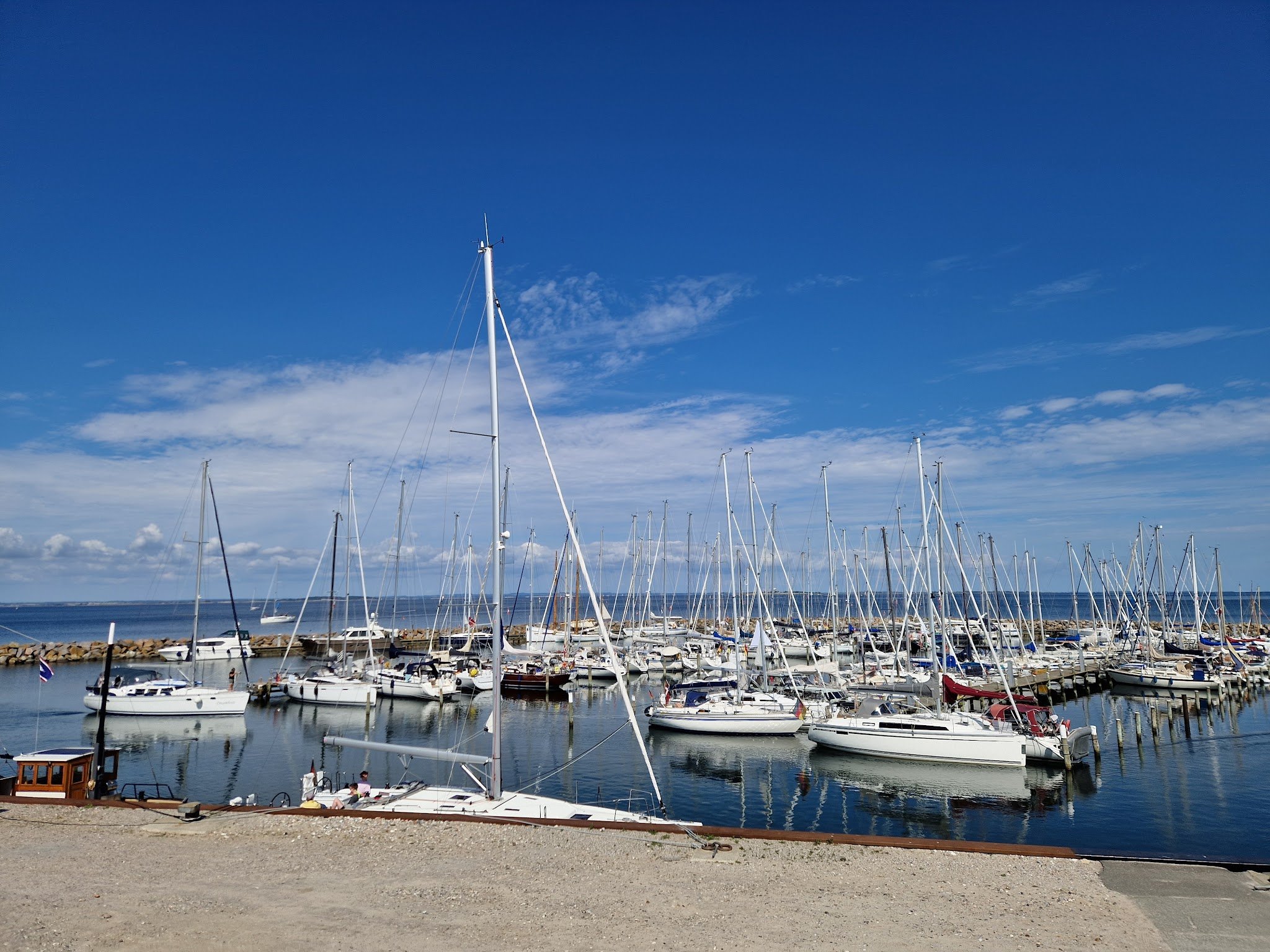 Yachthafen voller Segelboote unter strahlend blauem Himmel; ruhiges Wasser spiegelt Masten.